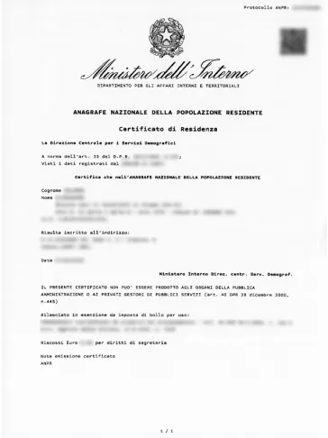 Certificato di Residenza